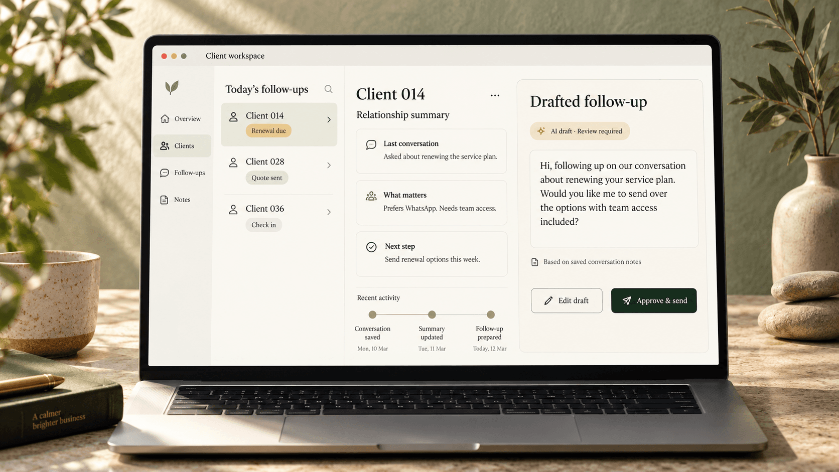 A representative client view and drafted follow-up. Abstracted from AI sales tools we built and run; not a screenshot of a client system, and the figures shown are illustrative.