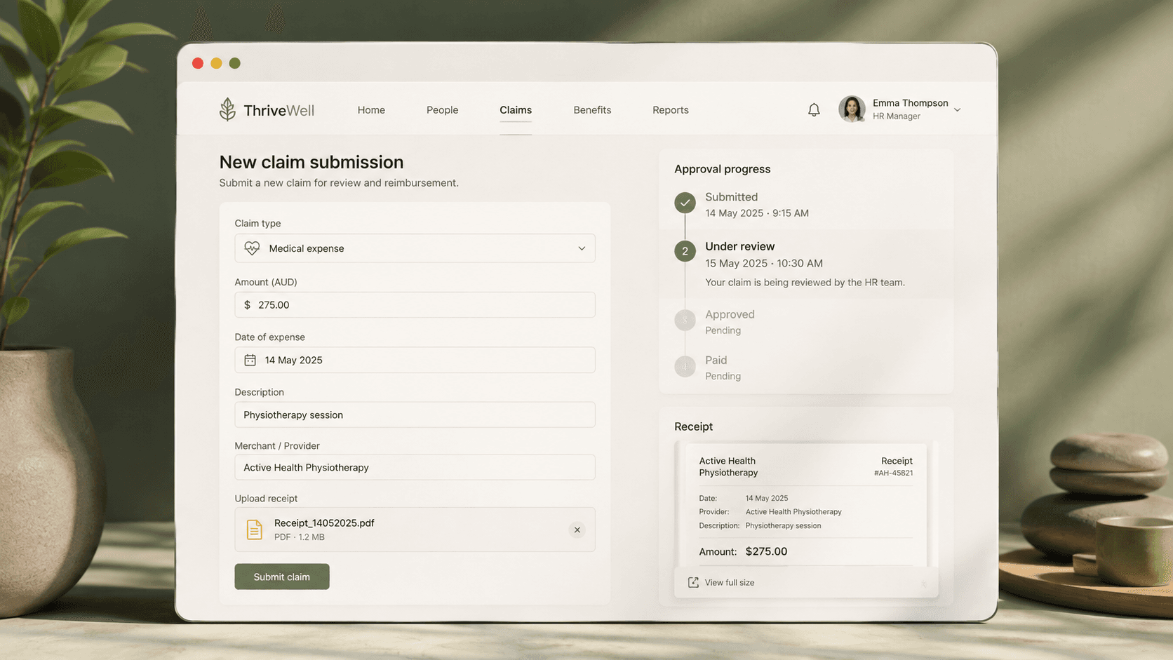 A representative claims submission and approval flow. Not a screenshot of a client system, and the figures shown are illustrative.