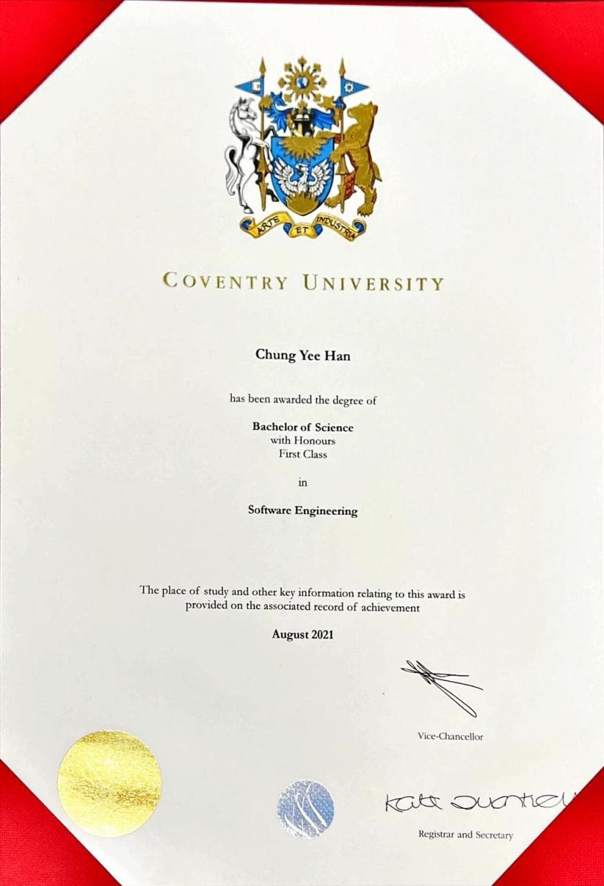Coventry University degree certificate showing Bachelor of Science with Honours in Software Engineering