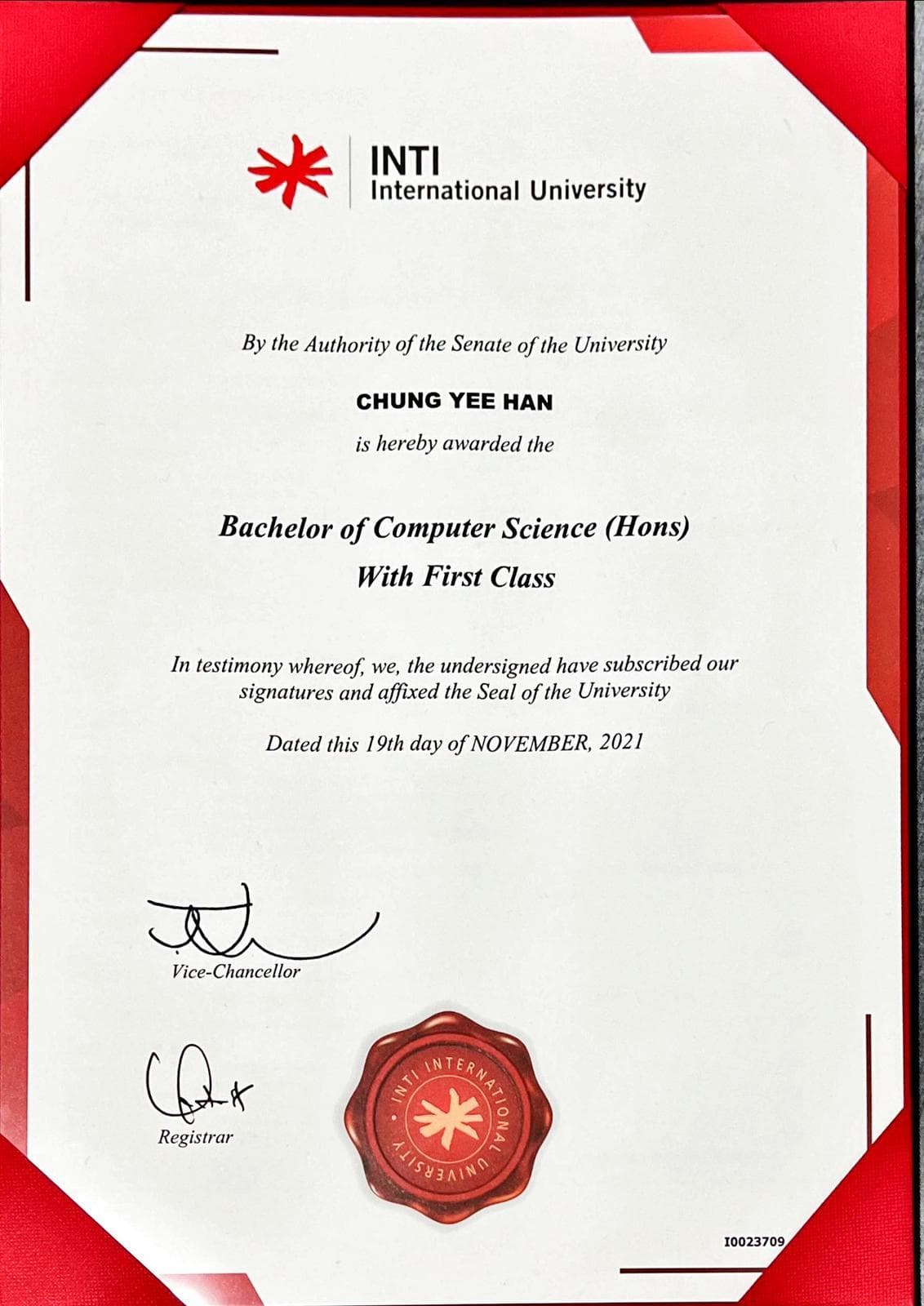 INTI certificate showing First Class Honours in Computer Science