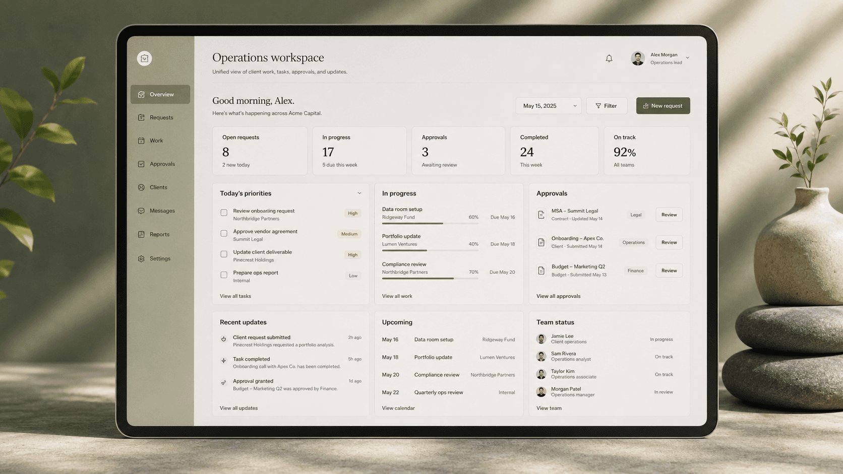 A representative client and approvals workspace. Not a screenshot of a client system, and the figures shown are illustrative.